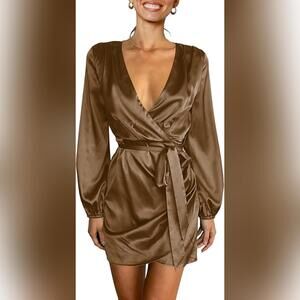 NWOT FOWSMON Long Sleeve Satin Wrap Mini Cocktail Party Dress, Small (4-6)